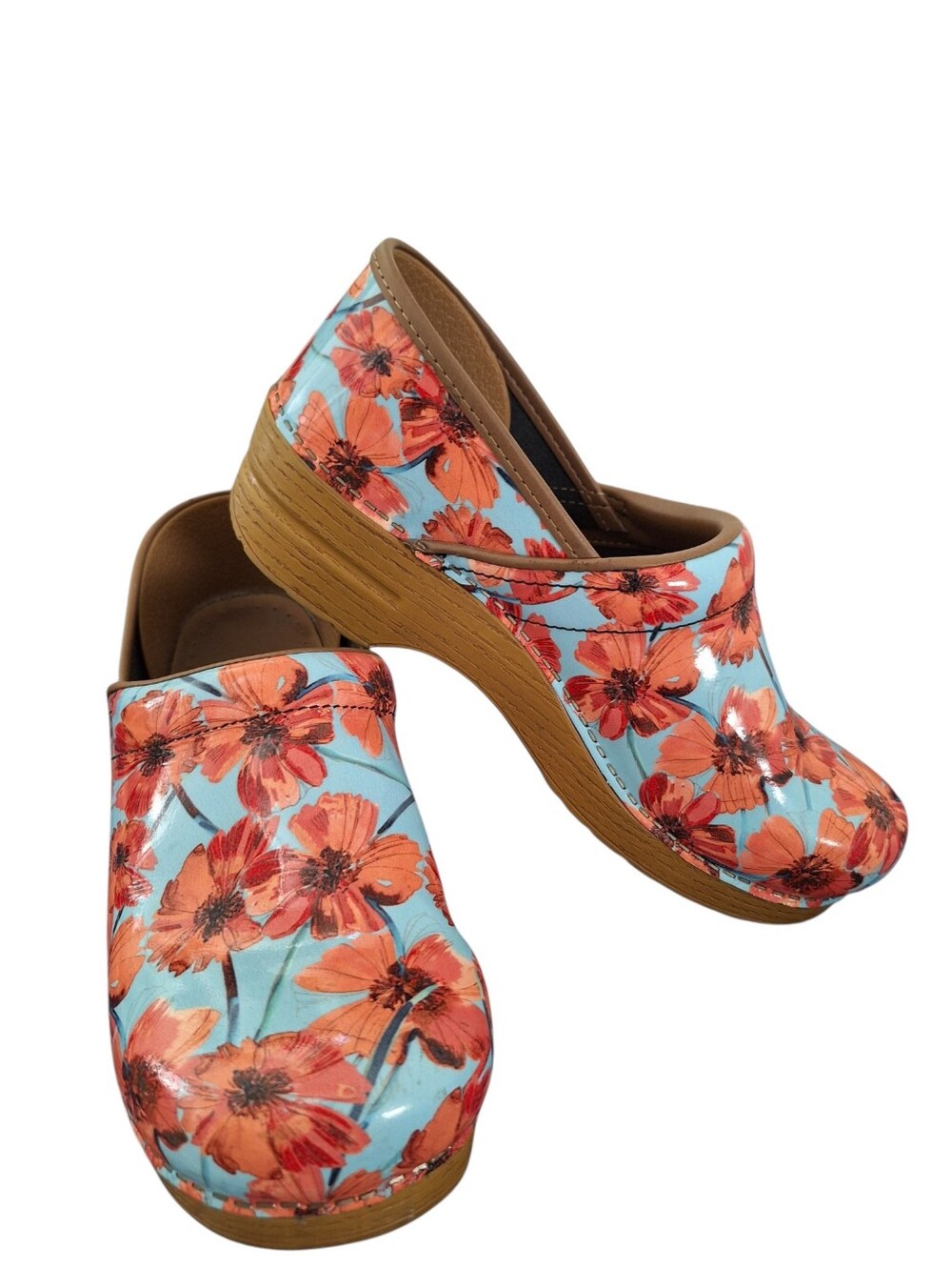 Dansko Poppies Professional Patent Leather Clogs EU 41 US 10.5/11 Blue and Coral